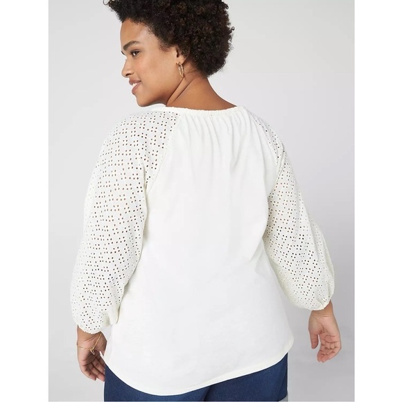 Lane Bryant Navy Blue Eyelet Sleeve Peasant Blouse 14/16 Plus 3/4 Raglan - Picture 11 of 12